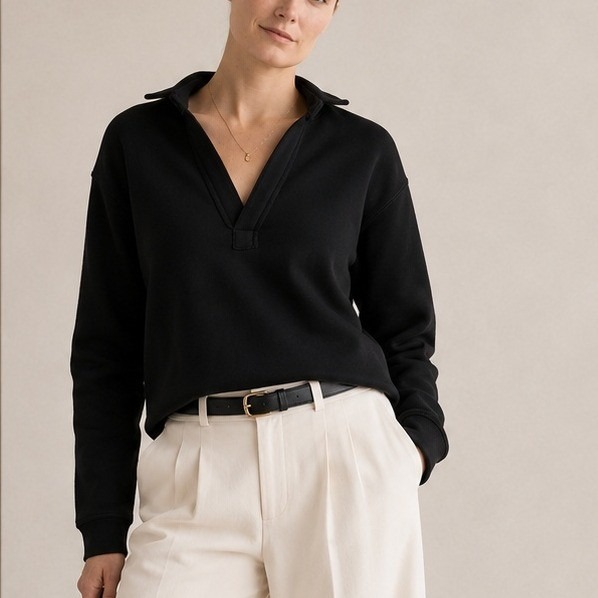 Quince Organic French Terry Henley Pullover 100% Cotton Bold Black Medium Euc